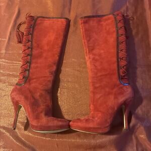 Joan & David Dahanover Suede Leather Boots Wine Red Lace Up Heels Size 9.5